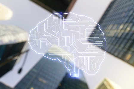 Virtual creative artificial Intelligence hologram with human brain sketch on office buildings...