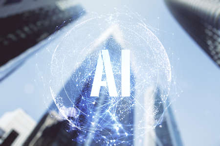 Creative artificial Intelligence symbol hologram on modern architecture background. Double exposureの写真素材