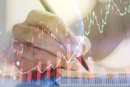Double exposure of abstract creative financial diagram with world map and with woman hand writing in...