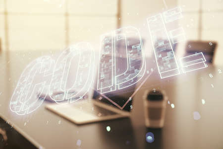 Creative Code word hologram on modern computer background, artificial intelligence and neural networks concept. Multiexposureの写真素材