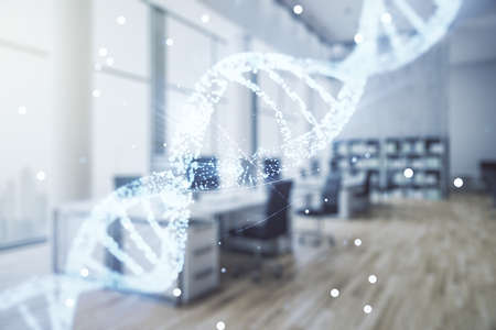Double exposure of creative DNA hologram on modern corporate office background. Bio Engineering and DNA Research conceptの写真素材