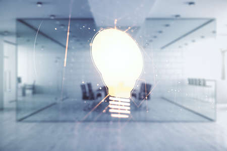 Abstract virtual light bulb illustration on a modern furnished classroom background, future technology concept. Multiexposureの写真素材