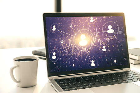 Modern computer display with social network icons concept. Networking concept. 3D Renderingの写真素材