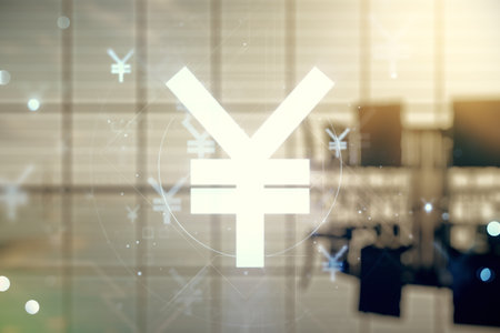 Abstract virtual Japanese Yen symbol illustration on a modern conference room background. Trading and currency concept. Multiexposureの写真素材