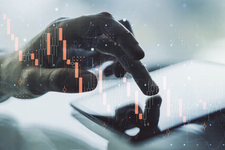 Creative abstract global crisis chart with world map sketch and hand working with a digital tablet on background, falling markets and collapse of global economy concept. Double exposureの写真素材