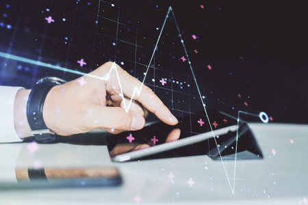 Creative abstract heart pulse hologram and finger presses on a digital tablet on background, online...