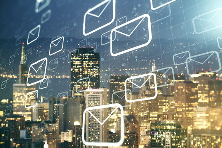 Double exposure of abstract virtual postal envelopes hologram on San Francisco city skyscrapers background. Electronic mail and spam conceptの写真素材