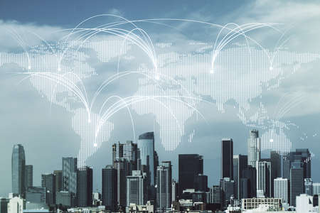 Double exposure of abstract digital world map hologram with connections on Los Angeles city skyscrapers background, research and strategy conceptの写真素材