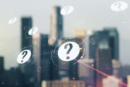 Abstract virtual question mark sketch on blurry office buildings background, FAQ and research concept. Double exposureの写真素材
