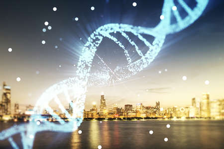 Double exposure of creative DNA hologram on Chicago city skyscrapers background. Bio Engineering and DNA Research conceptの写真素材