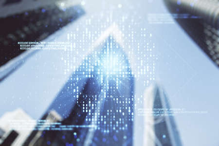 Abstract virtual creative code skull hologram on blurry cityscape background, theft of personal data and malware concept. Multiexposureの写真素材