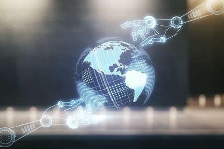 Abstract virtual robotics technology sketch with globe on contemporary business center exterior background, future technology and AI concept. Double exposureの写真素材