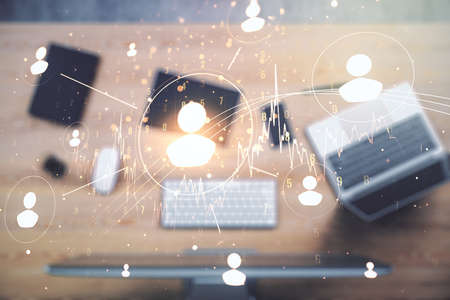 Social network concept with modern laptop on background. Multiexposureの写真素材