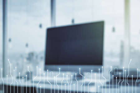 Creative abstract micro chip hologram on modern computer background, artificial intelligence and machine learning concept. Multi exposureの写真素材