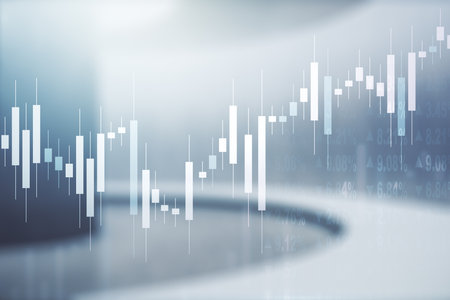Multi exposure of abstract virtual financial graph hologram on empty corporate office background, forex and investment conceptの写真素材