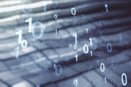 Double exposure of abstract virtual binary code hologram on blurry metal background. Database and...