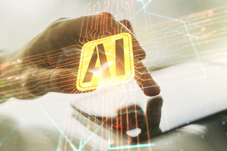Double exposure of creative artificial Intelligence icon with finger clicks on a digital tablet on...