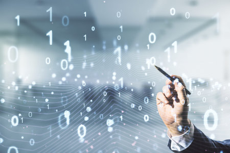 Man hand with pen working with abstract virtual binary code hologram on blurred office background, AI and machine learning concept. Multiexposureの写真素材