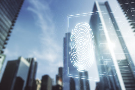 Multi exposure of virtual creative fingerprint hologram on modern skyscrapers background, personal...