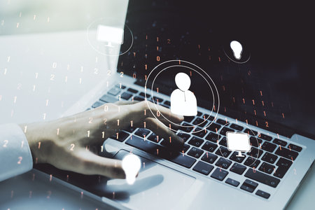 Social network media concept with hands typing on computer keyboard on background. Double exposureの写真素材