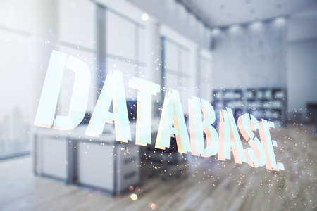 Double exposure of Database word sign on a modern furnished office background, global research and analytics conceptの写真素材