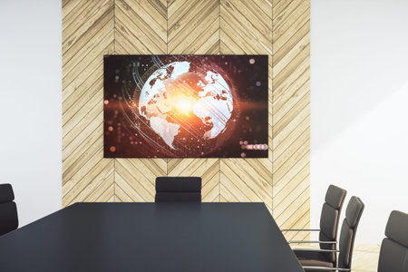 Abstract graphic world map on presentation monitor in a modern boardroom, connection and...