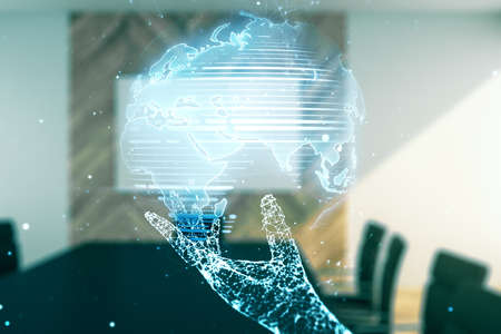 Multi exposure of abstract graphic world map hologram on a modern furnished office interior background, connection and communication conceptの写真素材