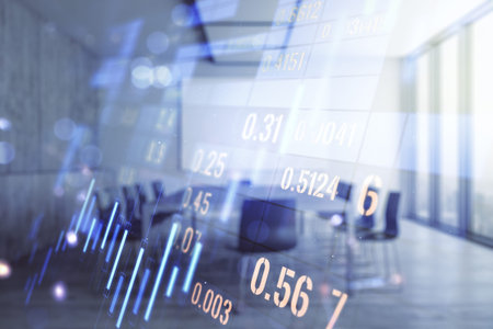 Multi exposure of virtual abstract financial graph interface on a modern coworking room background,...