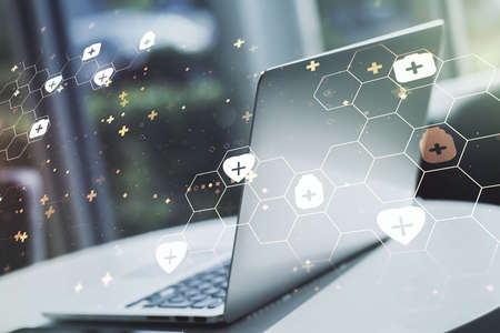 Creative abstract medical sketch on modern laptop background, Medicine and healthcare concept. Multiexposureの写真素材