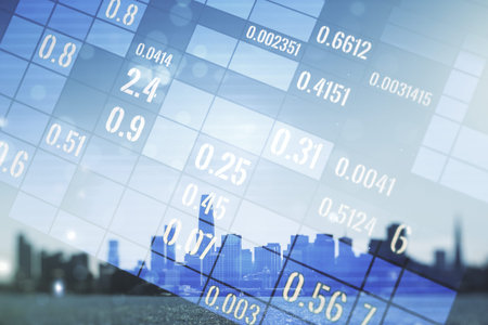 Abstract virtual analytics data spreadsheet on San Francisco cityscape background, analytics and...