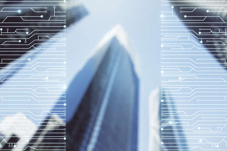 Abstract virtual micro chip hologram on modern architecture background, artificial intelligence and machine learning concept. Multi exposureの写真素材