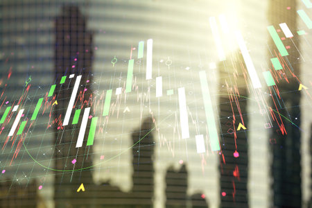 Double exposure of abstract financial chart on office buildings background, research and analytics...