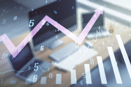 Abstract creative financial graph with upward arrow and modern desktop with computer on background,...