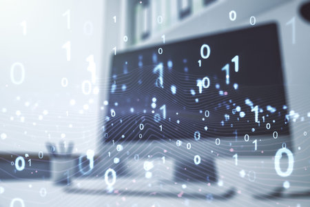 Creative concept of binary code illustration and modern desktop with computer on background. Big...