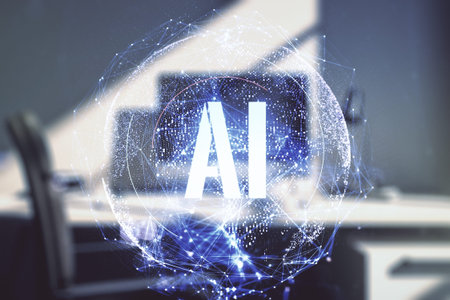 Creative artificial Intelligence symbol concept and modern desktop with pc on background. Double...