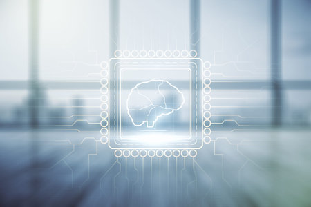 Double exposure of creative human brain microcircuit hologram on empty room interior background....