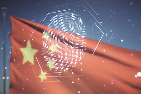 Multi exposure of virtual graphic fingerprint sketch on Chinese flag and sunset sky background, fingerprint scan data conceptの写真素材