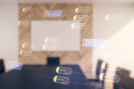 Double exposure of abstract programming language interface on a modern meeting room background, research and development conceptの写真素材