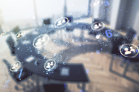 Double exposure of social network icons hologram and world map on a modern meeting room background....
