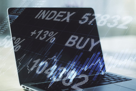 Multi exposure of abstract creative financial chart on computer background, research and analytics...
