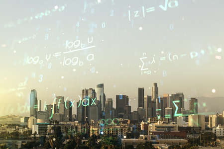 Scientific formula hologram on Los Angeles office buildings background, research concept. Multiexposureの写真素材