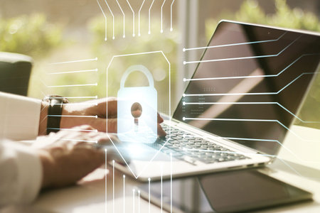 Creative lock illustration with microcircuit and hands typing on computer keyboard on background,...