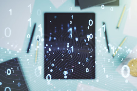 Creative concept of binary code illustration and modern digital tablet on background, top view. Big...