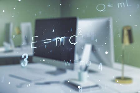 Creative scientific formula illustration on modern computer background, science and research concept. Multiexposureの写真素材