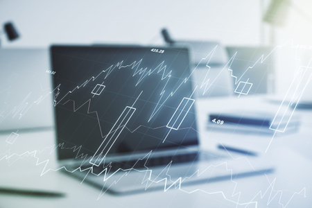 Multi exposure of abstract creative financial chart on computer background, research and analytics...