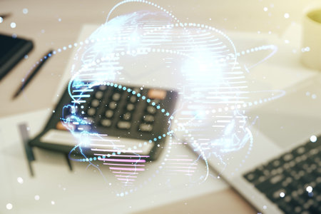 Abstract graphic digital world map hologram with connections on blurry calculator and computer background, globalization concept. Multiexposureの写真素材