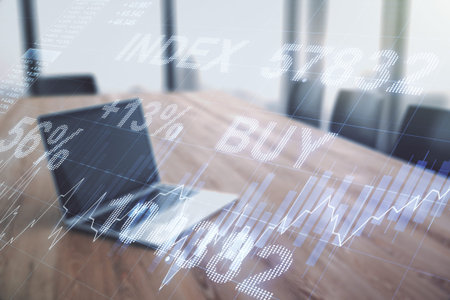 Double exposure of abstract creative financial diagram on modern laptop background, banking and...