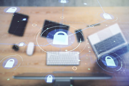 Creative idea concept with lock symbol and microcircuit illustration on modern laptop background....