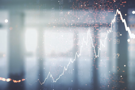 Double exposure of abstract creative financial chart hologram and world map on empty modern office...