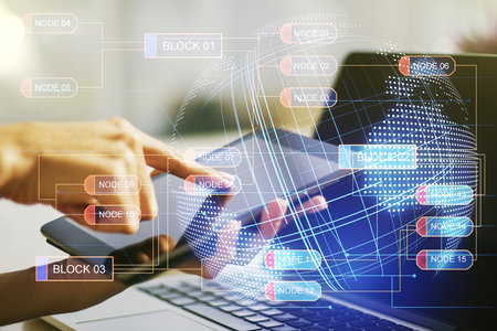 Multi exposure of abstract graphic coding sketch with world map and hand working with a digital tablet on background, big data and networking conceptの写真素材